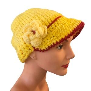 Hand~Knit Beanie W/Brim Retro Yellow Red Attached Flower/Strawberry Grandma NWOT